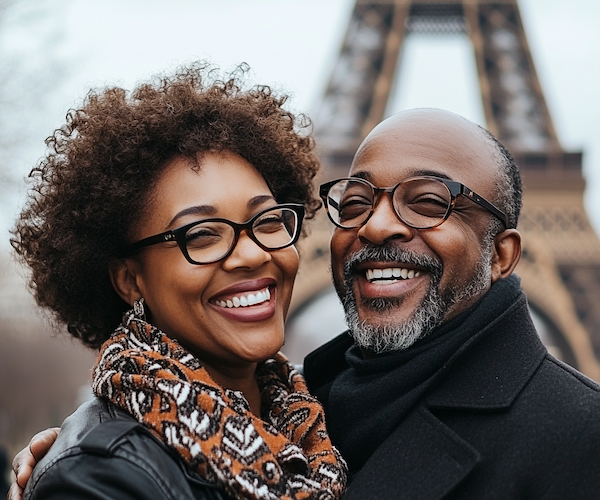 Happy couple traveling to Paris, France with Schengen travel insurance