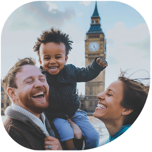 Family traveling abroad to London, England. They’re laughing and visiting Big Ben